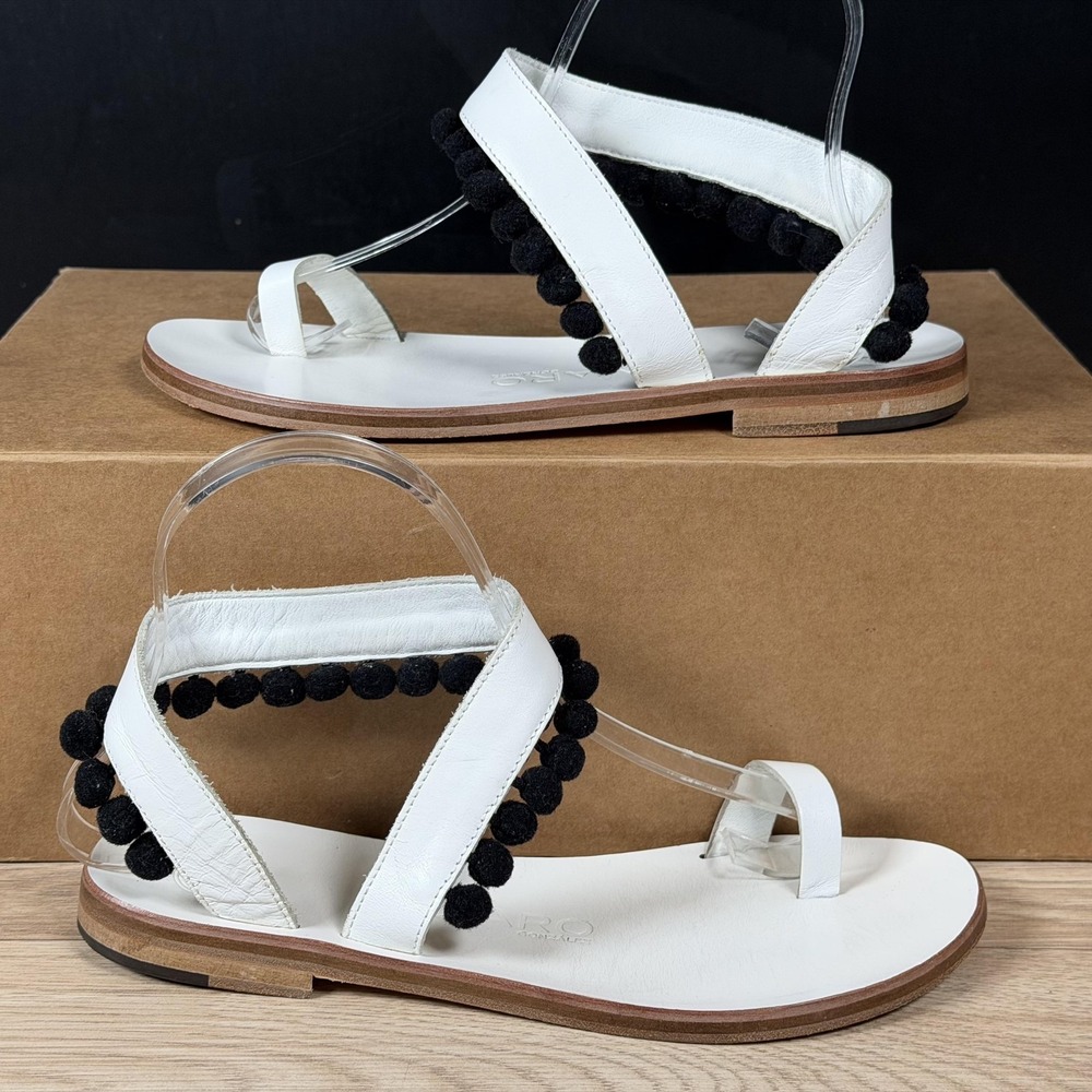 Alvaro Gonzalez Sandals Womens 7.5 8 White Black Leather Pom Pom Italy Handmade